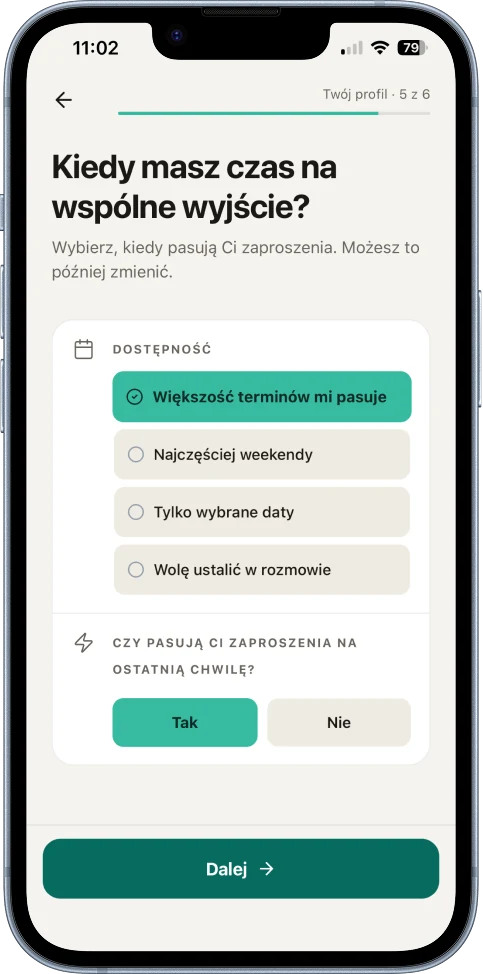 Ustawienie dostępności w Savyrr: weekendy, wybrane daty lub zaproszenia na ostatnią chwilę.
